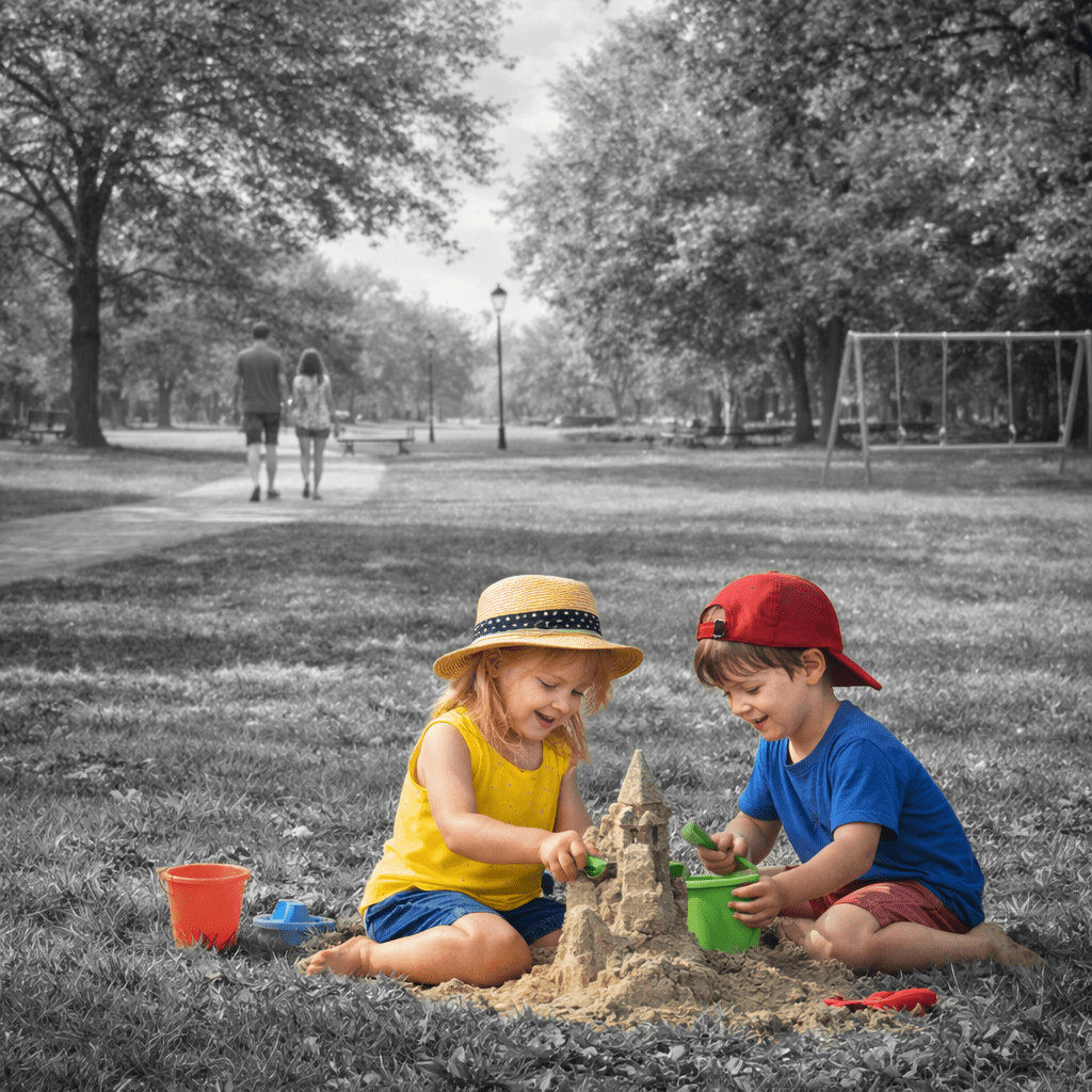 Children building sandcastle and playing on beach and playground